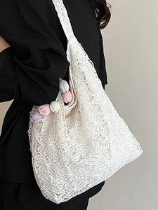 Sac fourre-tout élégant en dentelle blanche fleurie avec breloque tulipe et grande capacité
