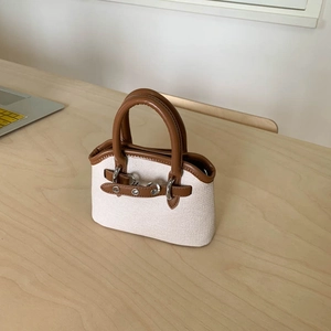 Detail of a mini canvas handbag with brown leather trim and silver metal buckle on a desk