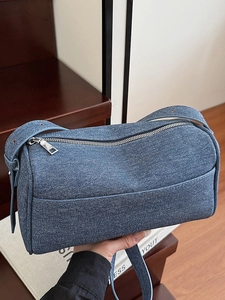 Fashion Denim Pillow Bag For Women Casual Simple Cylindrical Shoulder Bag Stylish Denim Spliced Crossbody Bag With Zipper