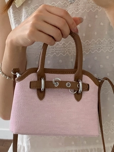 Pink tweed shell bag with brown leather trim and silver ring detail for women