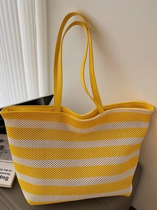 Women Knitted Striped Tote Bag Large Capacity Hollow Woven Shoulder Bag Summer Beach Casual Patchwork PU Strap Handbag