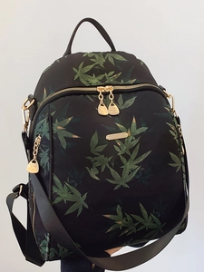 Sac à Dos Imprimé Feuille à la Mode pour Femmes Grande Capacité Sac à Bandoulière en Tissu Décontracté avec Matériel Doré Sac à Dos de Voyage