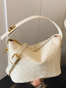 Woven PU Leather Shoulder Bag For Women Gold Hardware Zip Closure Adjustable Strap Crossbody Handbag Urban Simple Purse