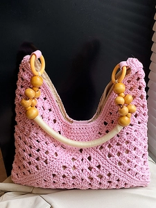 Handmade Woven Straw Bag For Women Large Capacity Crochet Tote Summer Beach Vacation Shoulder Bag With Wooden Beads Handle