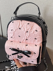 Women Sweet Pink Black Bow Mini Multi-Way Bag Pleated Seersucker Fabric Shoulder Bag Backpack With Chain Heart Pendant