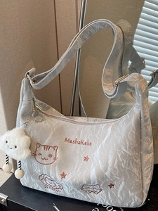 Women PU Pleated Shoulder Bag Cute Cartoon Cat Embroidery Large Capacity Crossbody Hobo Bag Cloud Pendant Daily Fashion