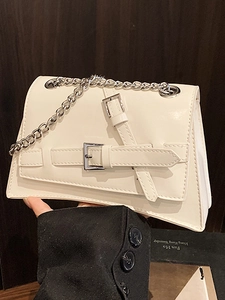Sac Carré Petit pour Femmes en Cuir PU Brillant Avec Bandoulière Chaîne Sac à Épaule Sacoche Tendance Décor de Boucle Sac de Navettage