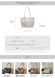 Size chart showing dimensions for a large PU leather tote bag with handle height detail