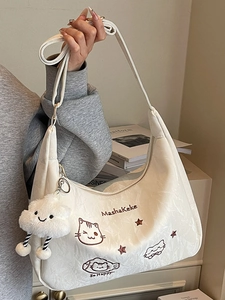 Minimalist white hobo shoulder bag with cute cartoon embroidery and cloud plush charm