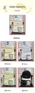 Detailed grid display of casual multi-color student backpacks with transparent pockets