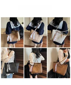 Detailed views of leather tote bags in four colors with decorative silk scarves