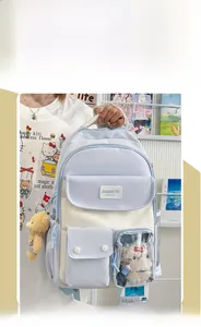 Detail view of Japanese-style blue and white school backpack with transparent window