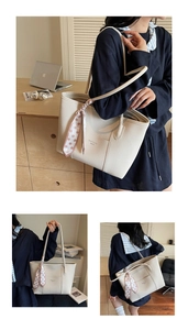 Detailed views of creamy white pebbled leather tote bag with a pink polka dot scarf