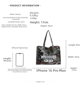 Size chart for camouflage canvas tote bag showing dimensions and capacity specifications