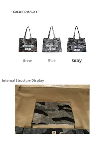 Detail view of camouflage tote bags in three colors with magnetic closure and inner pocket