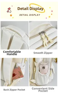 Detail view of canvas backpack showing padded handle, smooth zippers, and anti-theft back pocket