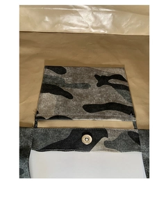 Close-up of vintage camo tote bag with silver magnetic metal snap buckle and stitching