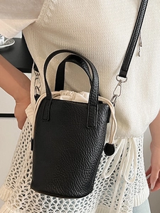 Sac seau noir motif litchi avec doublure à cordon et bandoulière amovible pour femmes