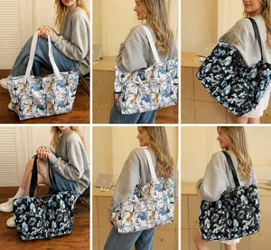 Detailed views of printed oxford fabric tote bags showing floral and tiger patterns
