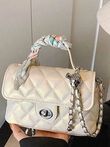 Women's Quilted Shoulder Bag Rhombic PU Leather Handbag With Satin Scarf Wrap Handle Metal Chain Lock Clasp Square Bag