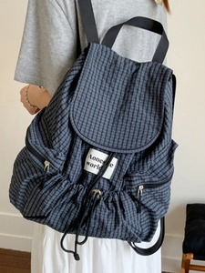 Marineblauer und grauer Karo-Rucksack aus Nylon mit Kordelzug und Seitenreißverschluss