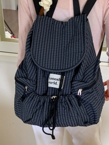 Minimalistischer Nylon-Karo-Rucksack für Damen mit großem Fassungsvermögen und Kordelzug