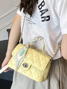 Summer yellow quilted crossbody bag with silk scarf handle and silver metal lock closure