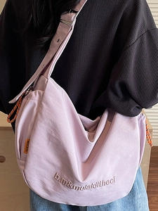 Light purple large capacity canvas crossbody bag with letter embroidery for women