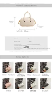Detail view of the small PU leather pillow bag with dimensions and color options