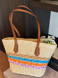 Women Straw Woven Tote Bag Large Capacity Casual Holiday Contrast Color Beach Shoulder Bag With Leather Handles