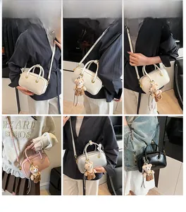 Collage of chic bowling bags in white, pink, silver, and black with teddy bear charms