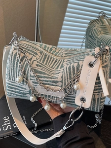 Women Fashion Striped Cylinder Shoulder Bag Woven Fabric Underarm Tote Bag With Decorative Artificial Pearl Metal Chain Casual Handbag