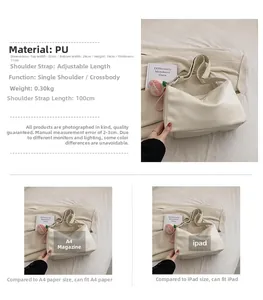 Detailed size chart for beige PU tote bag showing dimensions and capacity with iPad