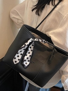 Minimalist black pebbled leather tote bag with polka dot scarf and large capacity