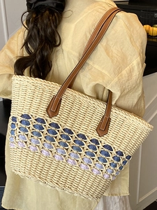 Handmade straw tote bag with color gradient mesh and brown leather handles for women