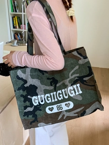 Large camouflage canvas tote bag with letter print and heart detail for women