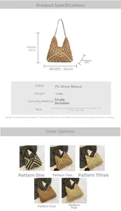 Detailed size chart and color options for large woven straw tote bag with PU handles