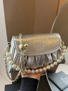 Sac Nuage Plissé pour Femmes avec Chaîne de Künstliche Perles en Cuir PU Sac à Épaule Sous le Bras Mode Sac Bandoulière Urbain