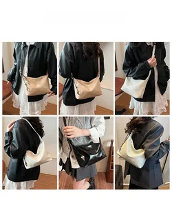 Collage of model wearing a minimalist crescent-shaped shoulder bag with heart pendant