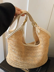 Women Fashion Straw Woven Tote Bag Large Capacity Summer Beach Vacation Style Shoulder Bag Daily Lightweight Handbag