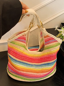 Rainbow woven straw handbag with white leather handles for summer beach vacations