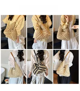 Detailed views of handmade woven tote bags with brown leather straps in various angles