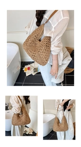 Detail of hand-woven straw tote bag with delicate hollow crochet and brown leather strap