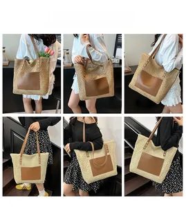 Detail showing handwoven beige straw tote bag with brown leather pocket and straps