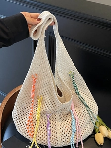 Korean Retro Crochet Woven Shoulder Bag Bohemian Beach Tote With Colorful Tassels Large Capacity Knit Bag For Women Vacation
