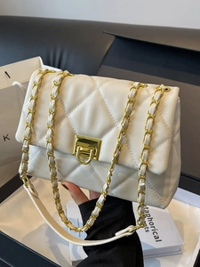 Sac à Épaule Matelassé en Losanges pour Femmes Urbain Simple en Cuir PU Chaîne Rabat Sac Carré Décontracté Quotidien
