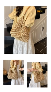 Three-angle view of large woven straw tote bag with brown leather straps for summer