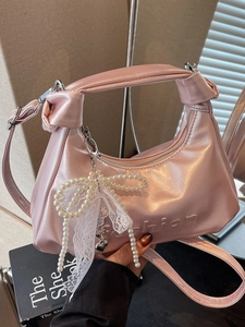 Korean Fashion PU Leather Shoulder Bag For Women Glossy Artificial Pearl Underarm Bag With Bow Artificial Pearl Pendant Crossbody Bag For Daily Commute