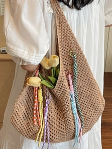 Vintage crochet woven shoulder bag with colorful spiral tassels for beach vacation
