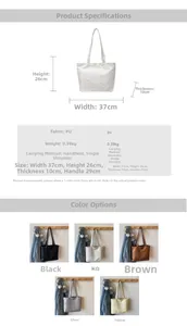 Size guide for high capacity PU tote bag with detailed dimensions and color options